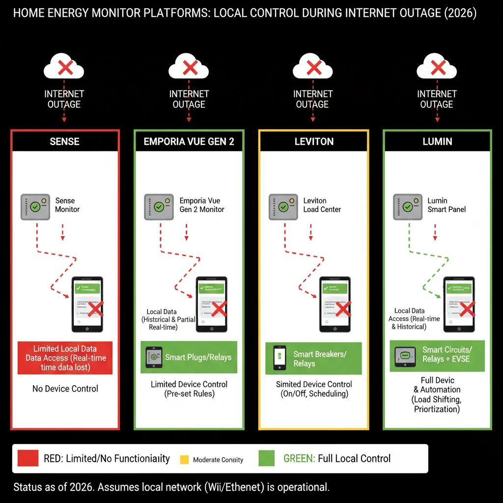 Diagram showing home energy monitor platform local control capabilities during internet outages for Sense, Emporia Vue Gen 2, Leviton, and Lumin in 2026