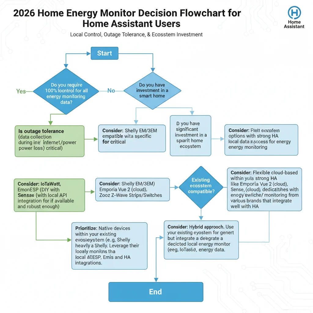 Decision flowchart for Home Assistant users choosing 2026 home energy monitors based on local control requirements, outage tolerance, and existing smart home investment