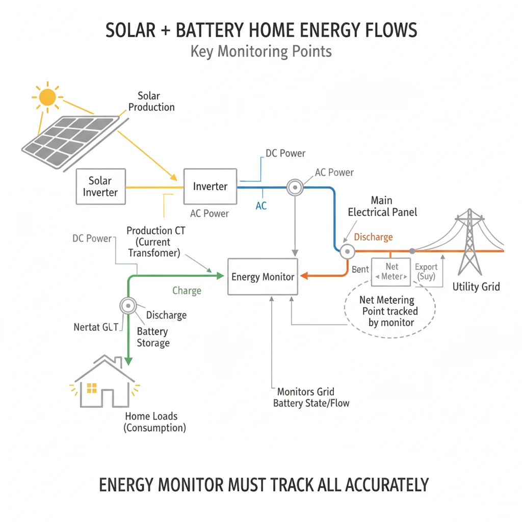 Diagram of solar + battery home energy flows showing production CT, consumption CT, battery charge/discharge, and net metering points that a monitor must track accurately