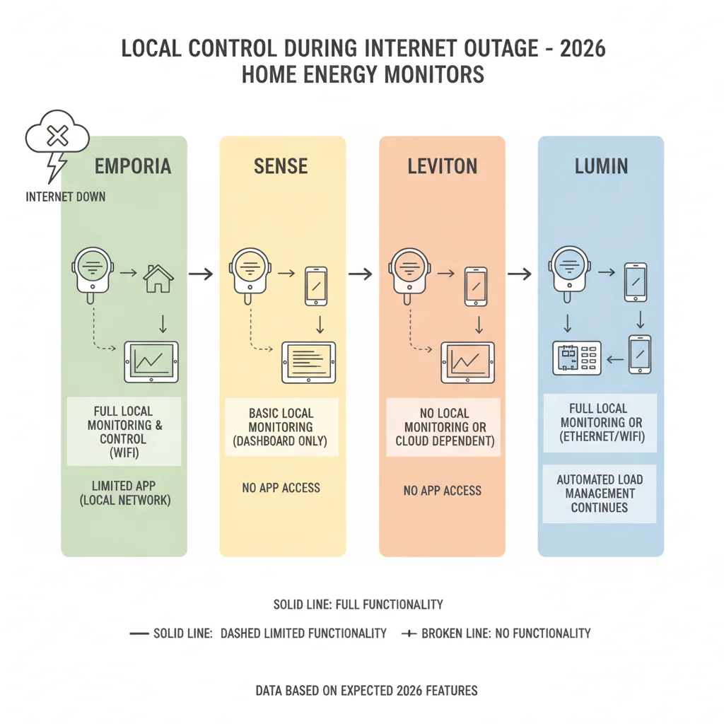 Diagram showing home energy monitor platform local control capabilities during internet outages for Emporia, Sense, Leviton, and Lumin in 2026