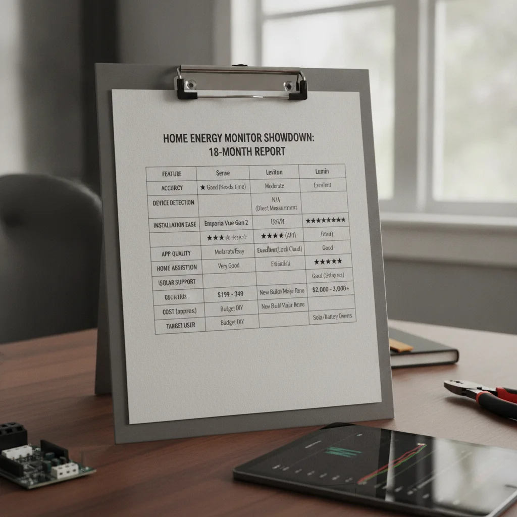 18-month home energy monitor comparison scorecard showing Sense, Emporia Vue Gen 2, Leviton, and Lumin on accuracy, device detection, installation ease, app quality, Home Assistant integration, and solar support