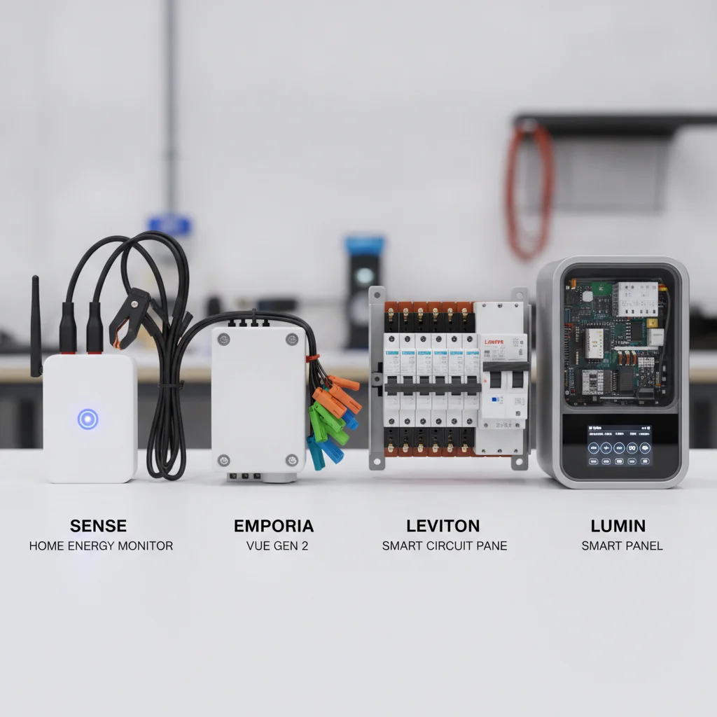 Detailed 18-month comparison table of Sense, Emporia Vue Gen 2, Leviton, and Lumin home energy monitors on accuracy, device detection, integration, solar support, and total cost of ownership