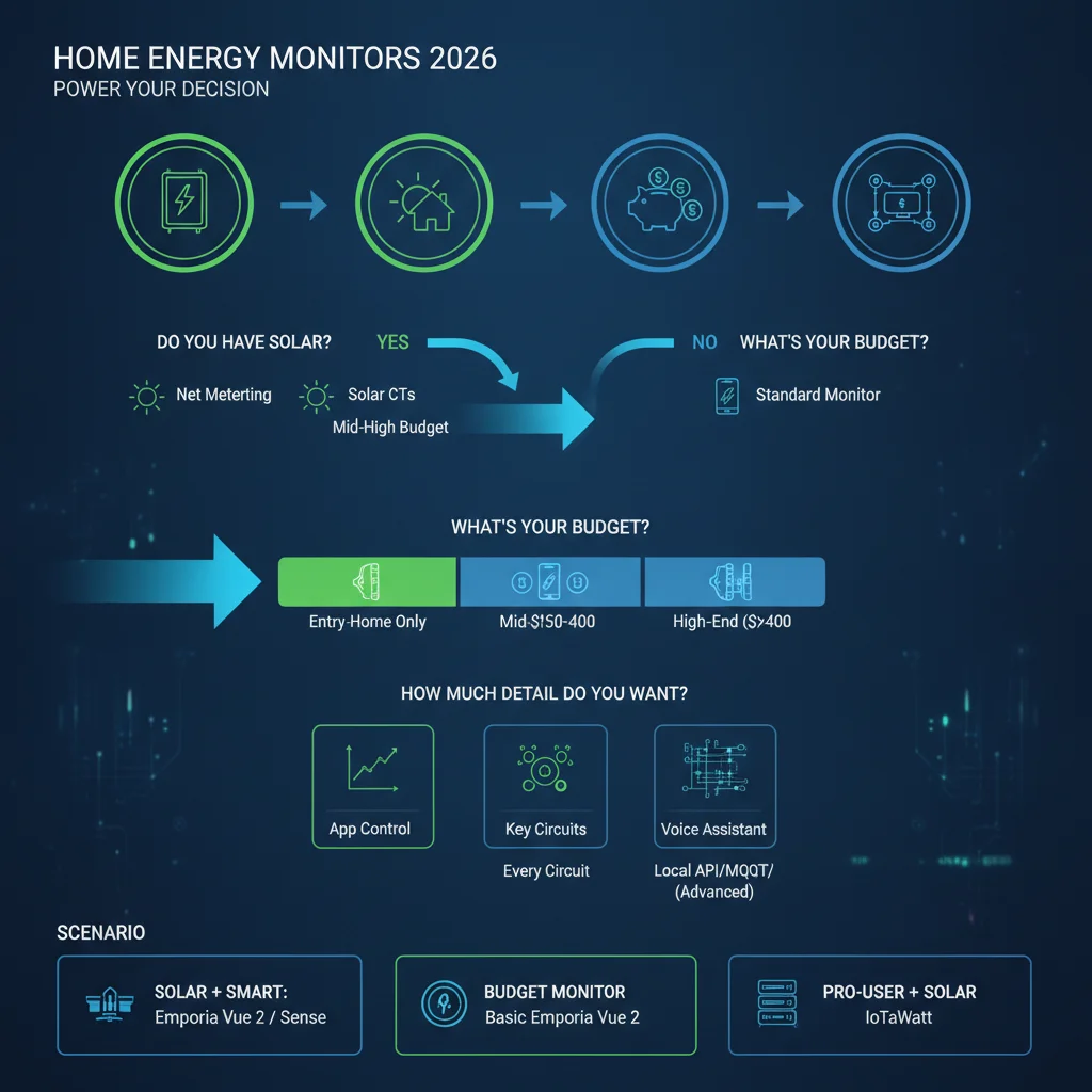 Decision guide for choosing 2026 home energy monitors based on electrical panel type, solar presence, budget, and smart home priorities