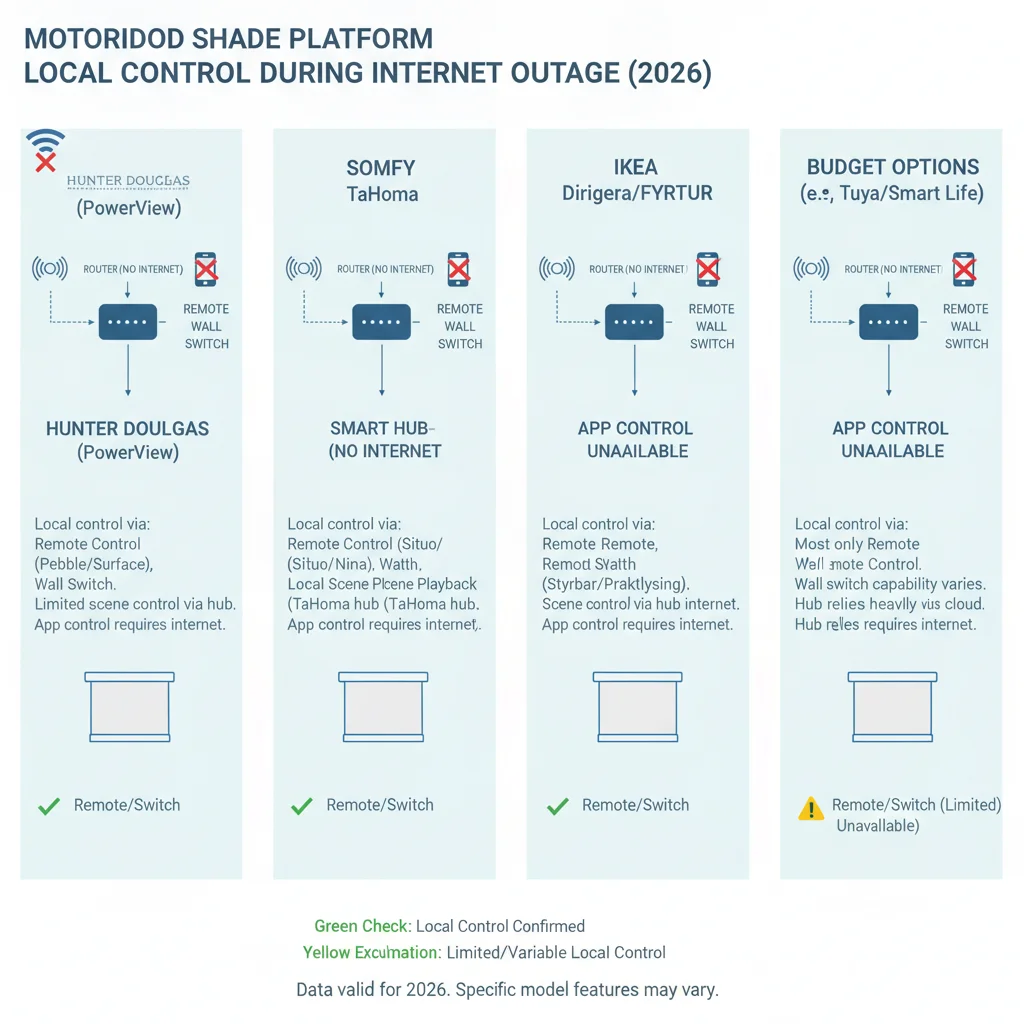 Diagram showing motorized shade platform local control capabilities during internet outages for Hunter Douglas, Somfy, IKEA, and budget options in 2026