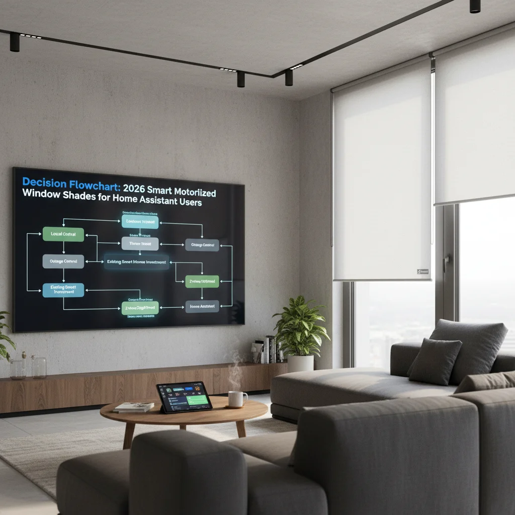 Decision flowchart for Home Assistant users choosing 2026 motorized window shades based on local control requirements, outage tolerance, and existing smart home investment