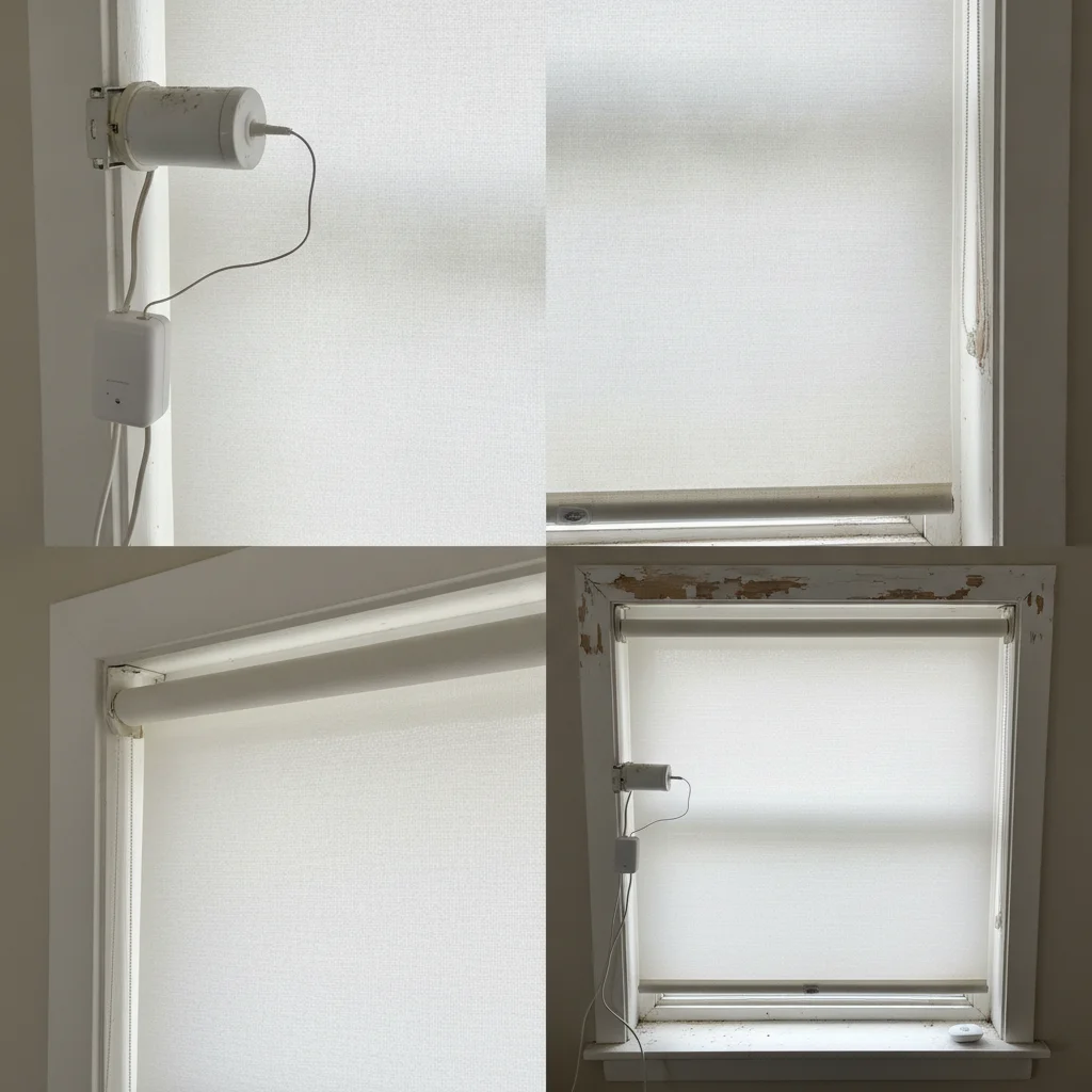 Photo documentation of Hunter Douglas PowerView motorized shades after 2 years showing motor condition, fabric wear, mounting hardware, and any visible degradation or weather damage