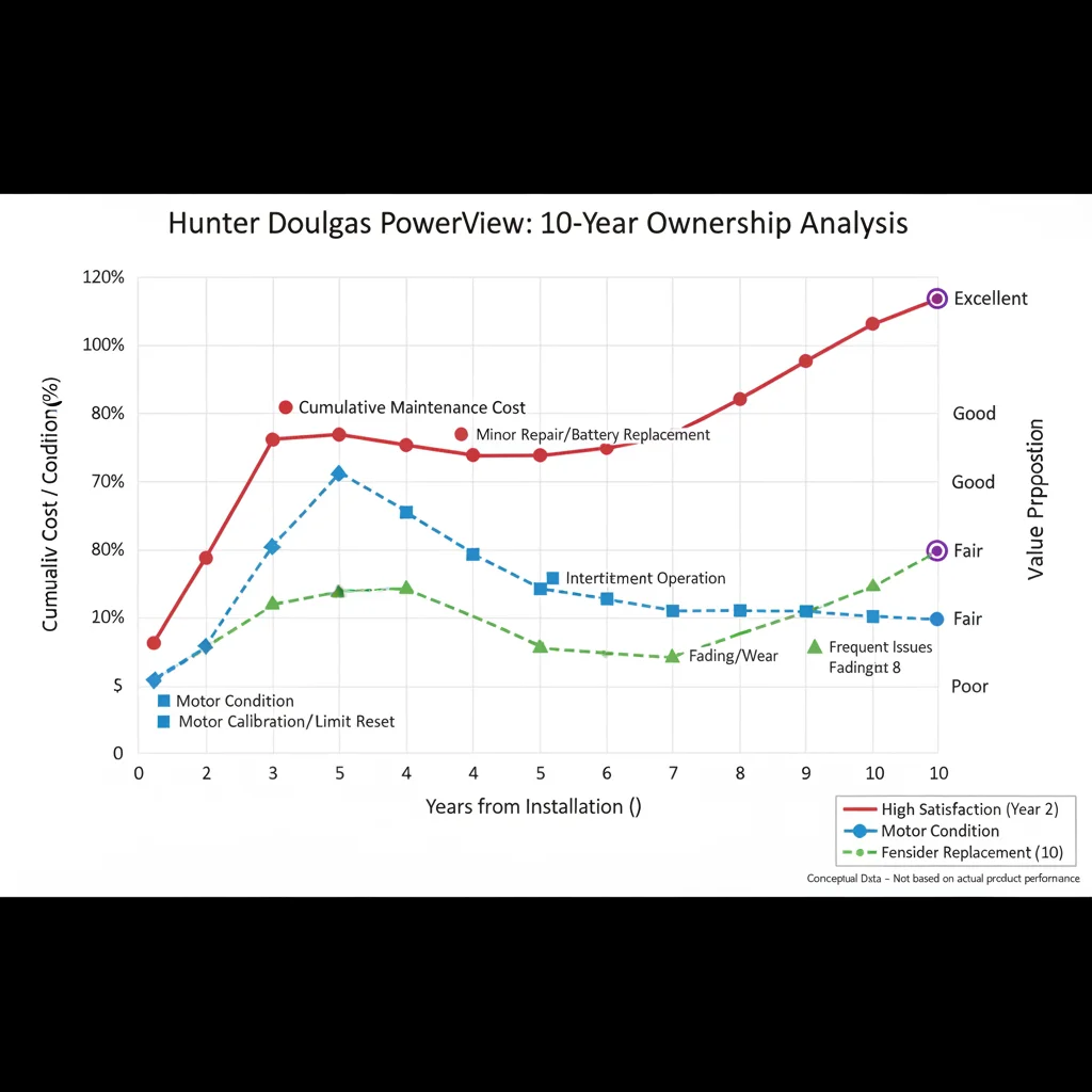2-year maintenance cost and performance chart for Hunter Douglas PowerView showing cumulative maintenance costs, motor and fabric condition over time, and whether the value proposition held up