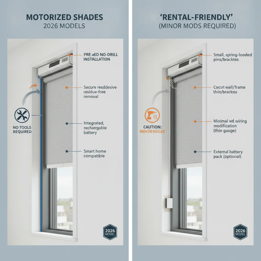 Diagram comparing true no-drill motorized shades installations versus 'rental-friendly' options that still require minor modifications on 2026 models
