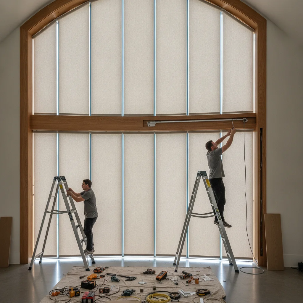 Photo documentation of real motorized window shades installations showing common problems: non-standard windows, difficult mounting locations, wiring challenges, and the tools and parts that were actually needed