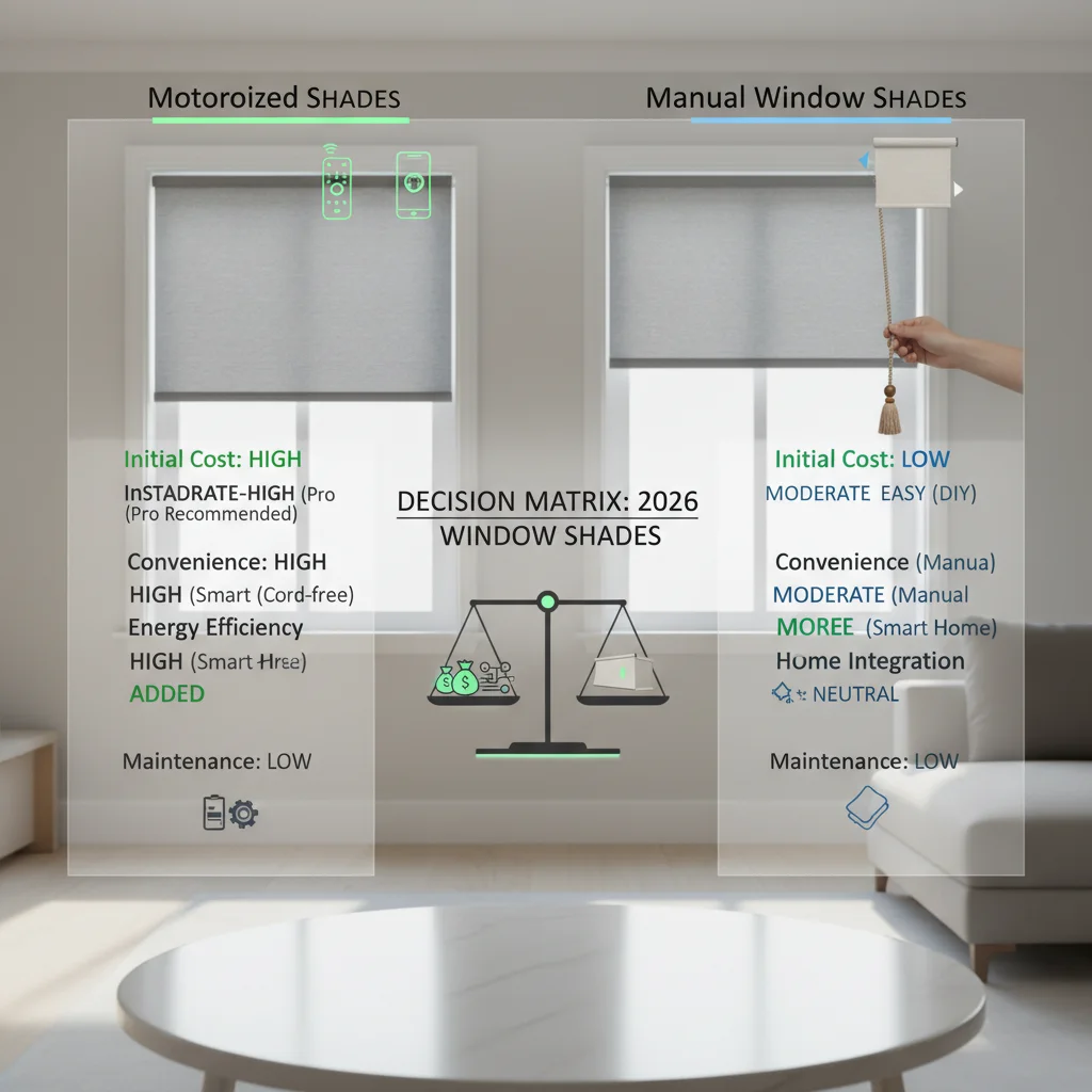 Decision matrix for 2026 motorized window shades buyers weighing installation cost, difficulty, and expected value against the option of keeping manual shades