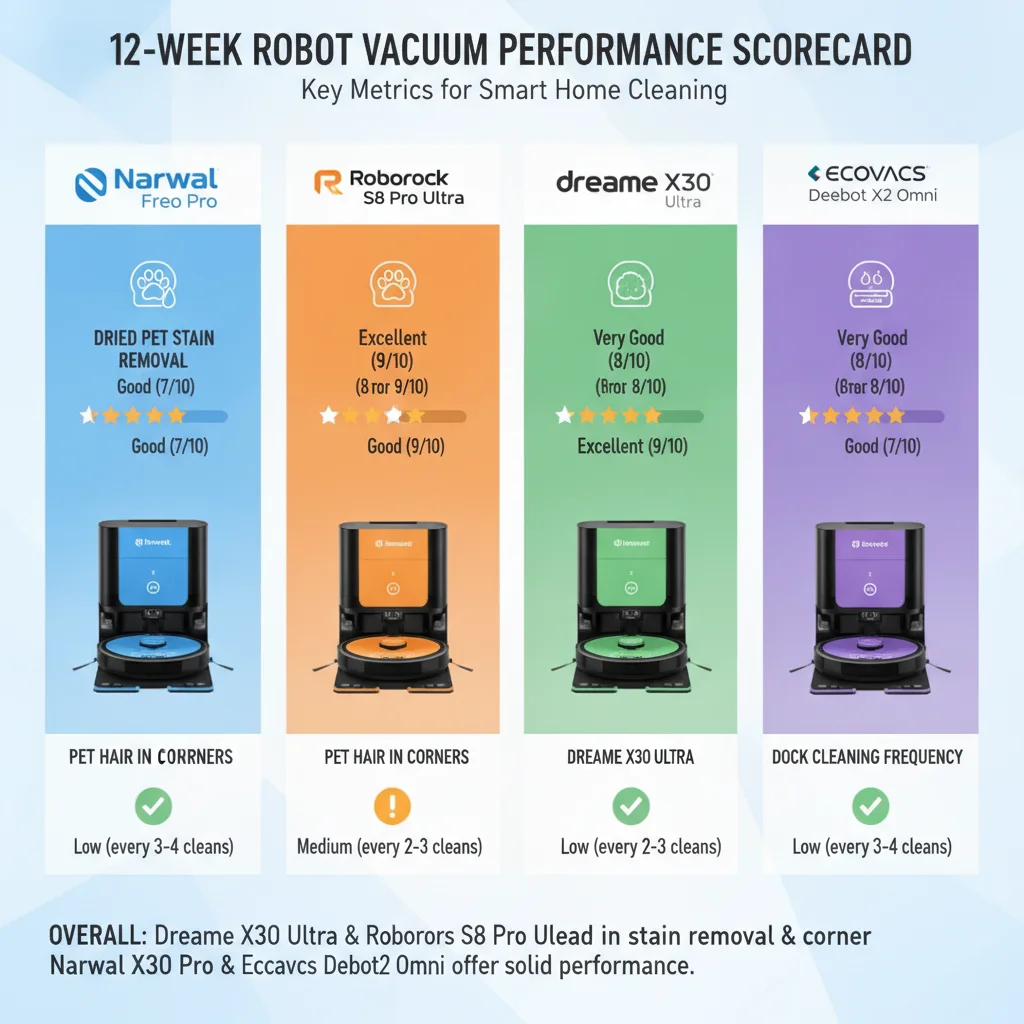 12-Wochen-Test-Scorecard-Infografik mit Leistung von Narwal Freo Pro, Roborock Saros 10, Dreame X30 Ultra und Ecovacs Deebot X8 Pro bei getrockneten Haustierflecken, Eckhaaren und Dock-Reinigungsintervall