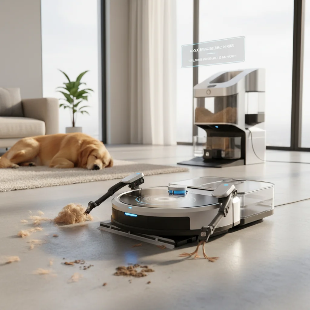 Detaillierte Vergleichstabelle von Saug-Wisch-Robotern 2026 zu haustierspezifischen Kennzahlen: Entfernungsrate getrockneter Flecken, Eckhaar-Abdeckung, Dock-Reinigungsintervall und gesamte Besitzer-Wartungszeit