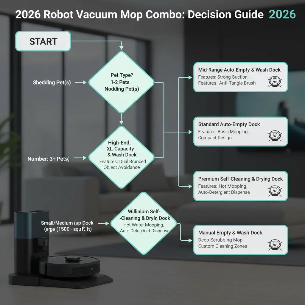 Entscheidungsbaum-Infografik zur Wahl des besten Saug-Wisch-Roboters 2026 nach Haustierart, Anzahl der Haustiere, Wohnungsgröße und Bereitschaft zur Dock-Wartung