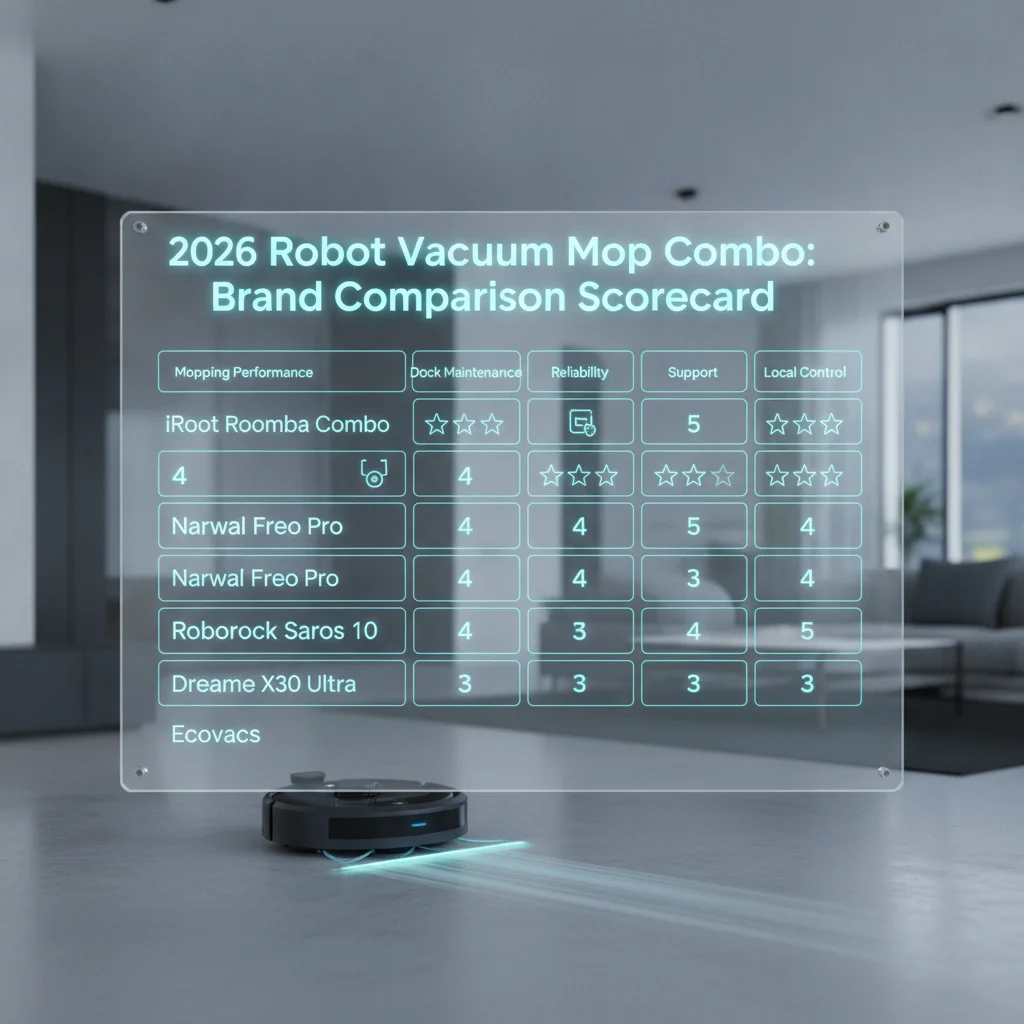 2026 robot vacuum mop combo brand comparison scorecard showing iRobot Roomba Combo, Narwal Freo Pro, Roborock Saros 10, Dreame X30 Ultra, and Ecovacs on mopping performance, dock maintenance, reliability, support, and local control