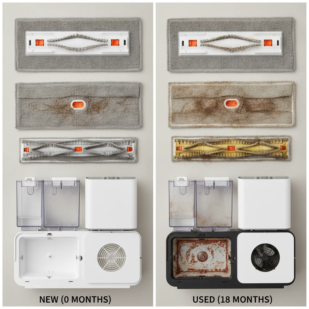 18-month wear comparison photos of Narwal Freo Pro mop pads, brushes, and dock components showing real degradation from daily pet home use