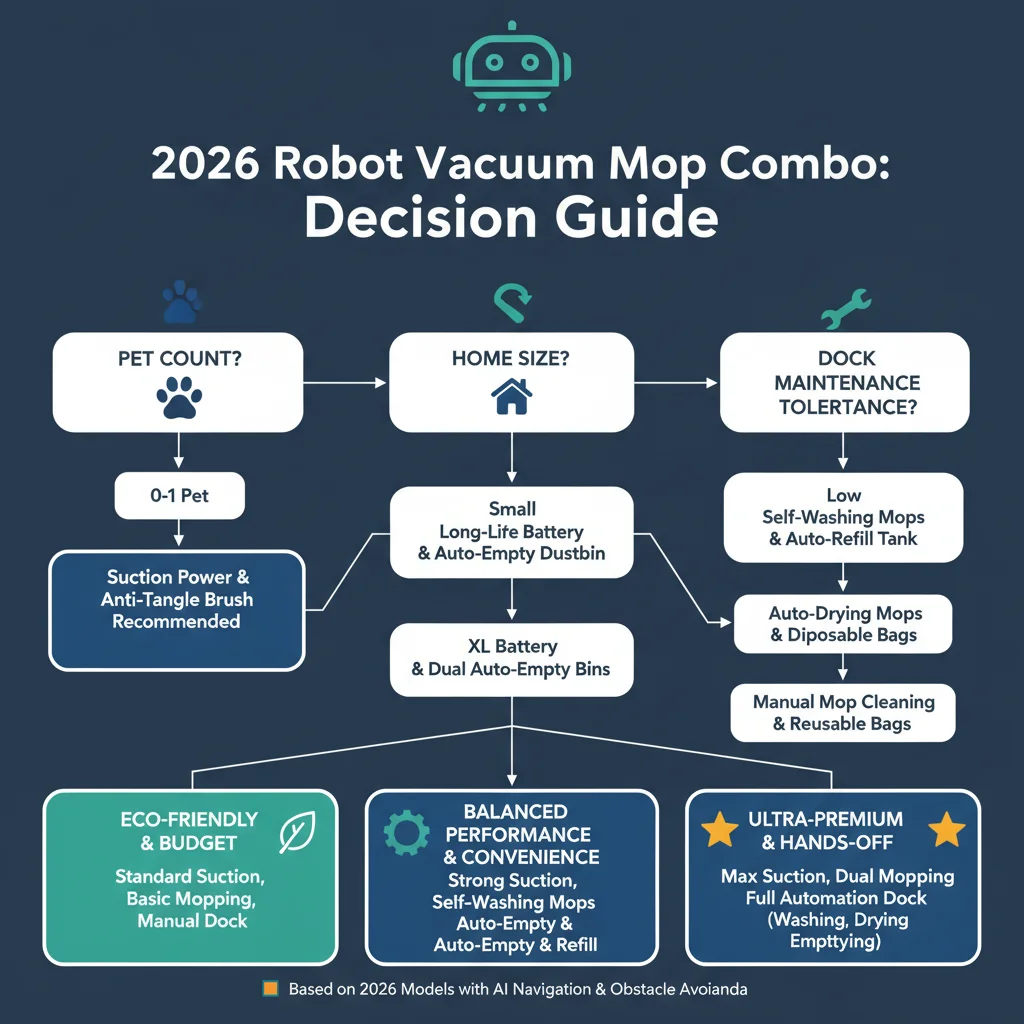 Decision guide infographic for choosing the best 2026 robot vacuum mop combo based on pet count, home size, and tolerance for dock maintenance