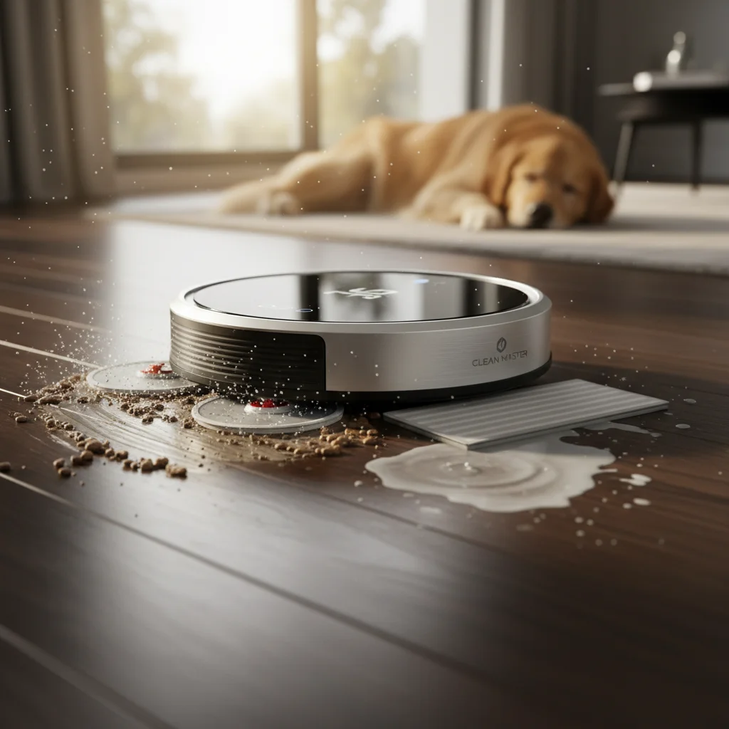 Decision flowchart for choosing between spinning-mop and vibrating-mop robot vacuum combos based on how long dried pet messes typically sit before the robot runs