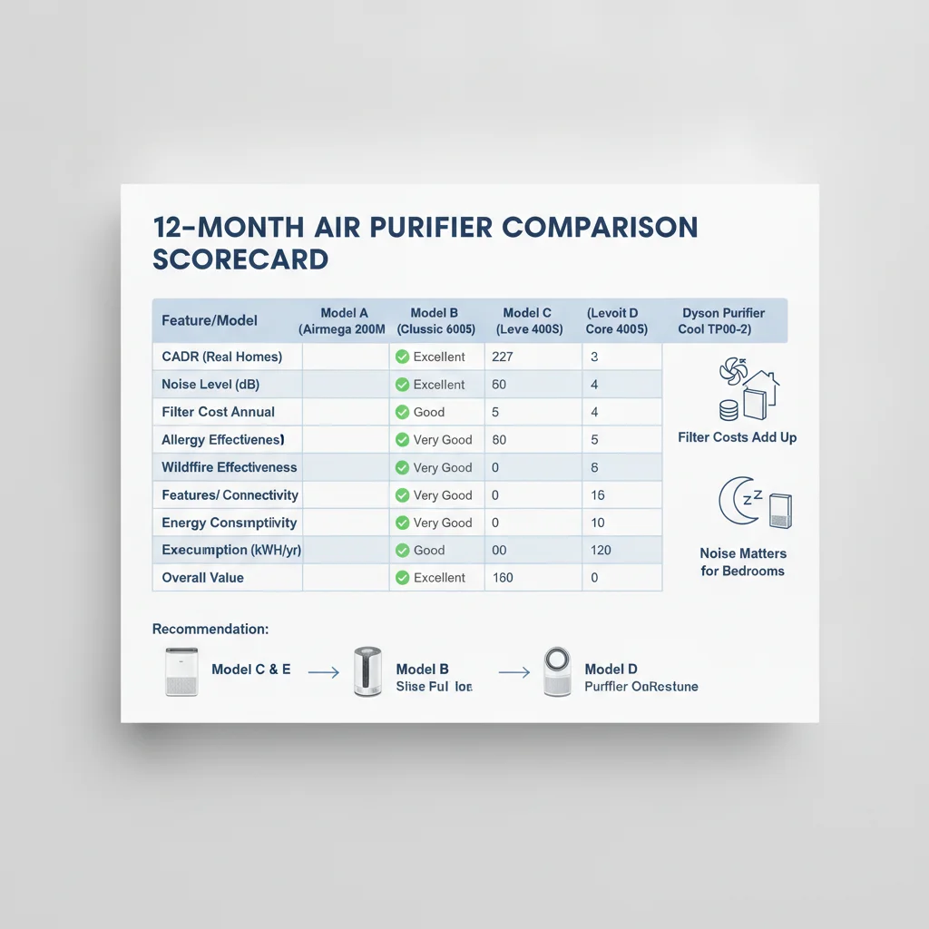Tabla comparativa de purificadores de aire de 12 meses que muestra los mejores modelos en CADR en hogares reales, niveles de ruido, costos de filtros y efectividad contra alergias y humo de incendios forestales