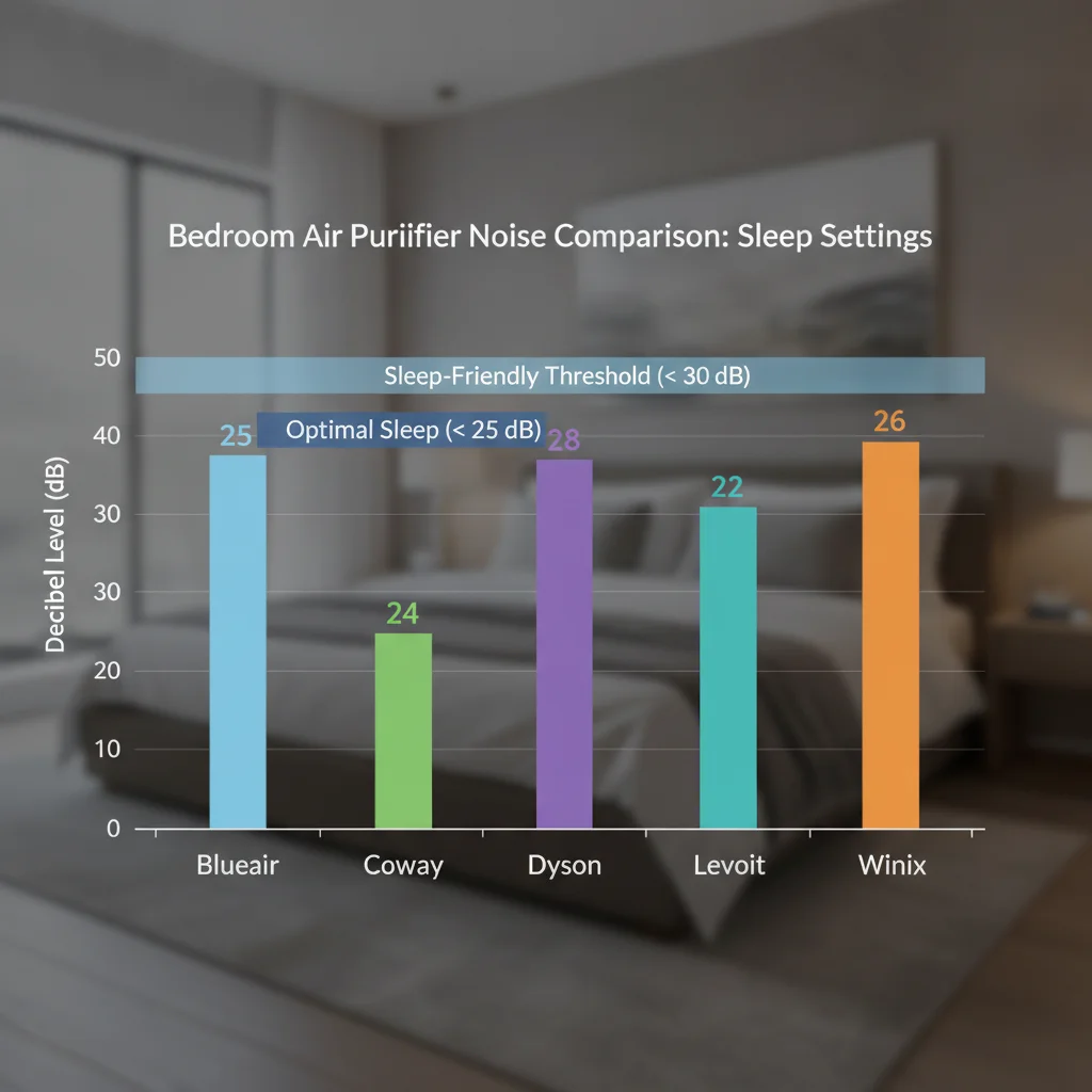 Geräuschvergleich von Schlafzimmer-Luftreinigern mit Dezibelwerten im Schlafmodus für Blueair, Coway, Dyson, Levoit und Winix, wobei schlaffreundliche Schwellenwerte hervorgehoben sind