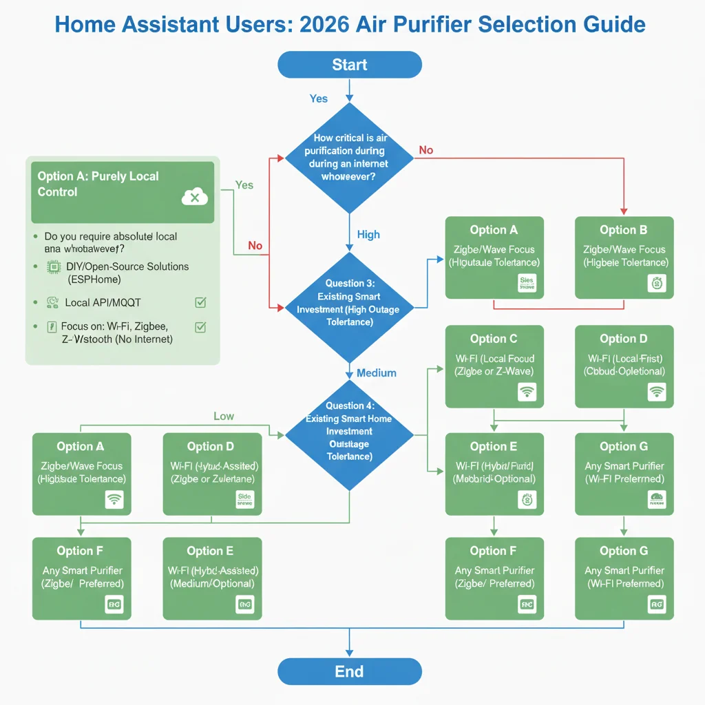 Entscheidungsdiagramm für Home-Assistant-Nutzer bei der Auswahl von Luftreinigern für 2026 basierend auf Anforderungen an die lokale Steuerung, Ausfalltoleranz und bestehenden Smart-Home-Investitionen