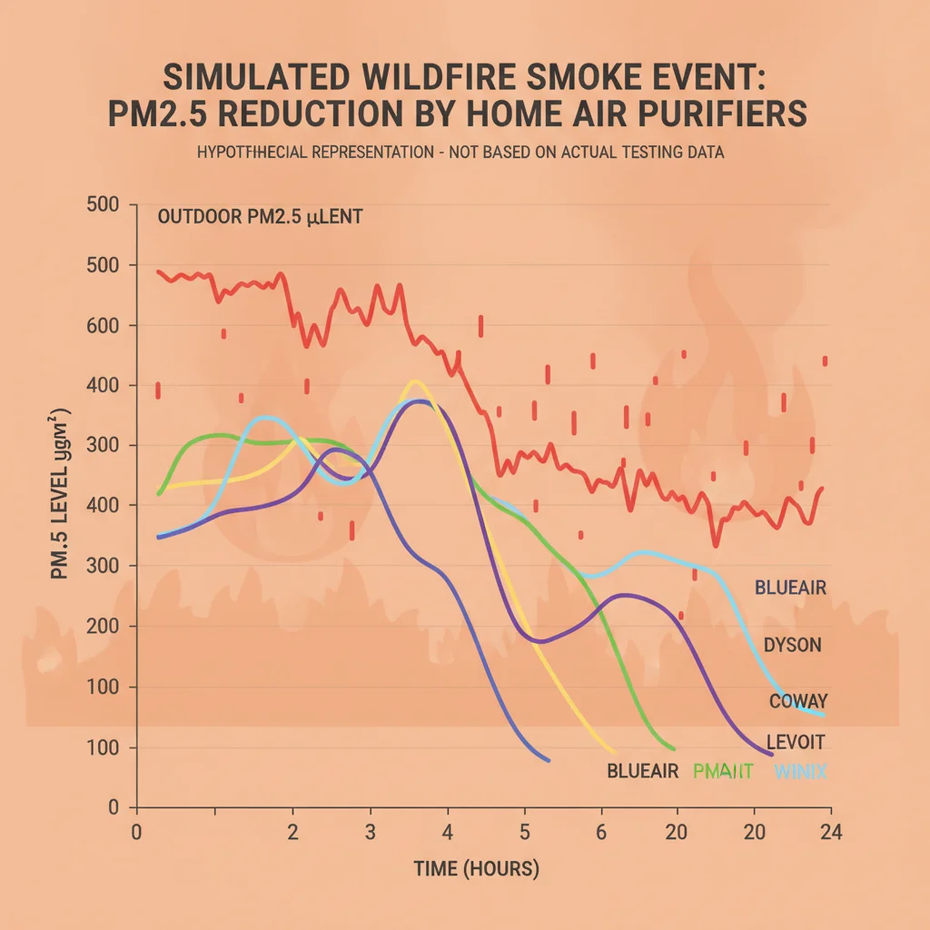Wildfire smoke event testing data showing PM2.5 levels and air purifier effectiveness for Blueair, Coway, Dyson, Levoit, and Winix during actual wildfire smoke events