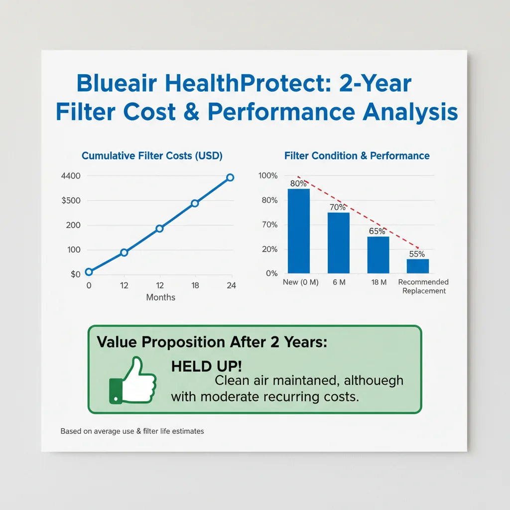 graphique du coût et des performances des filtres sur 2 ans pour le Blueair HealthProtect, montrant les coûts cumulés des filtres, l'état des filtres au fil du temps et si la proposition de valeur a tenu la route