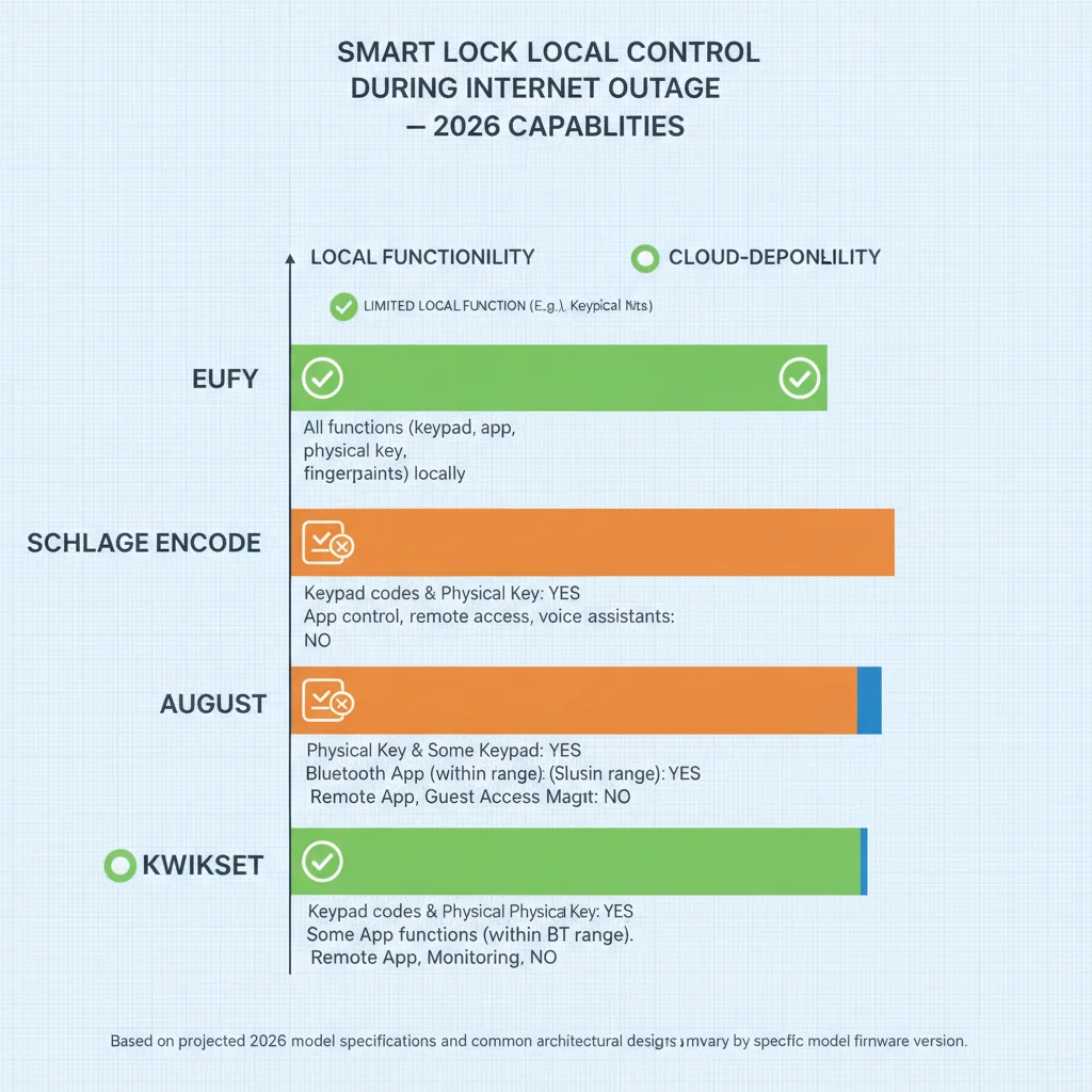 Diagram showing smart lock local control capabilities during internet outages for eufy, Schlage Encode, August, Yale, and Kwikset in 2026