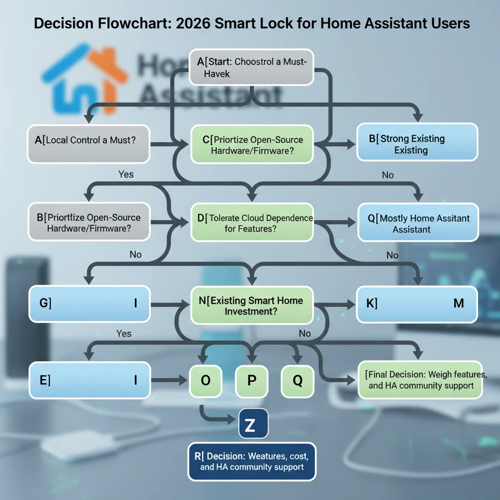Decision flowchart for Home Assistant users choosing a 2026 smart lock based on local control requirements, outage tolerance, and existing smart home investment