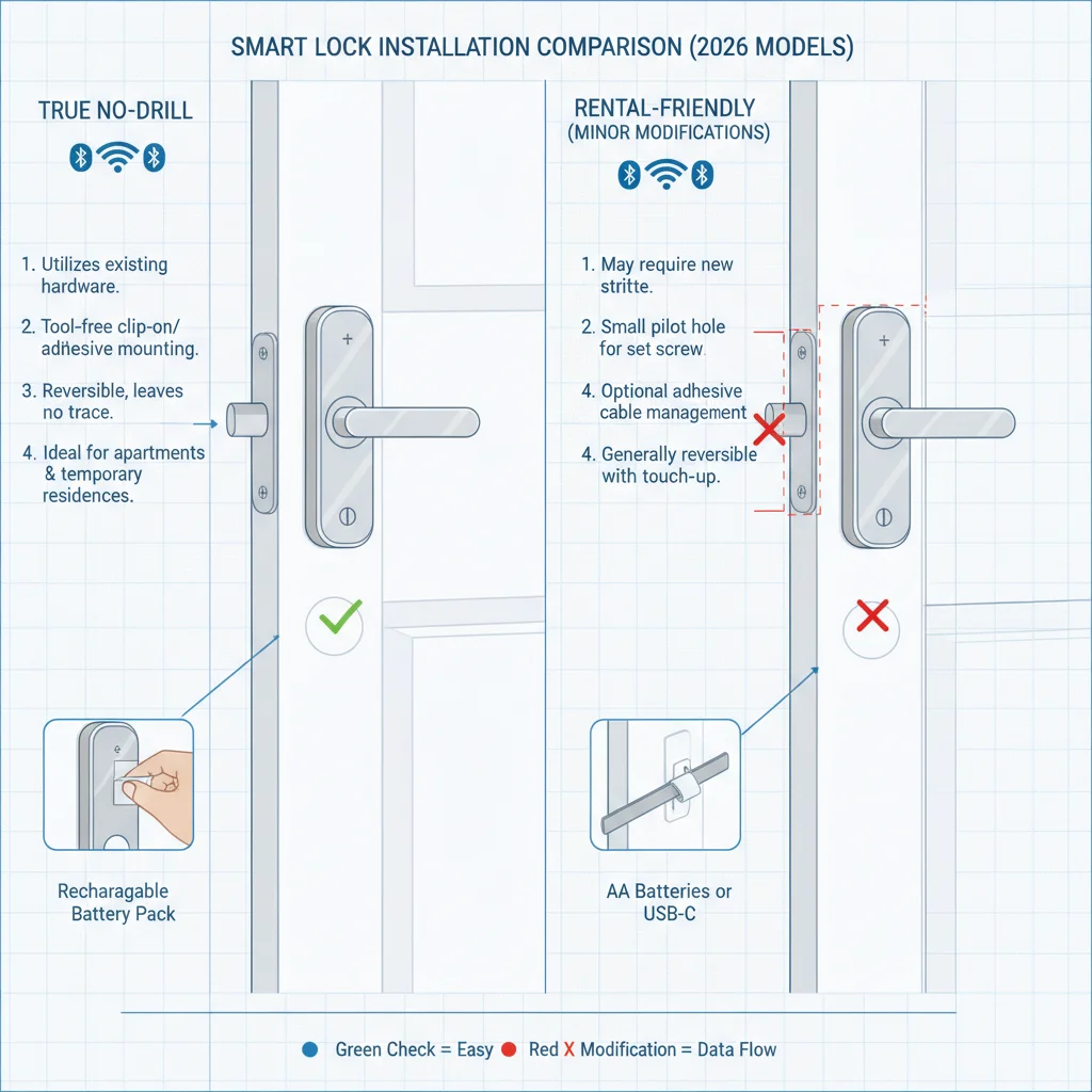 Diagram comparing true no-drill smart lock installations versus 'rental-friendly' options that still require minor modifications on 2026 models