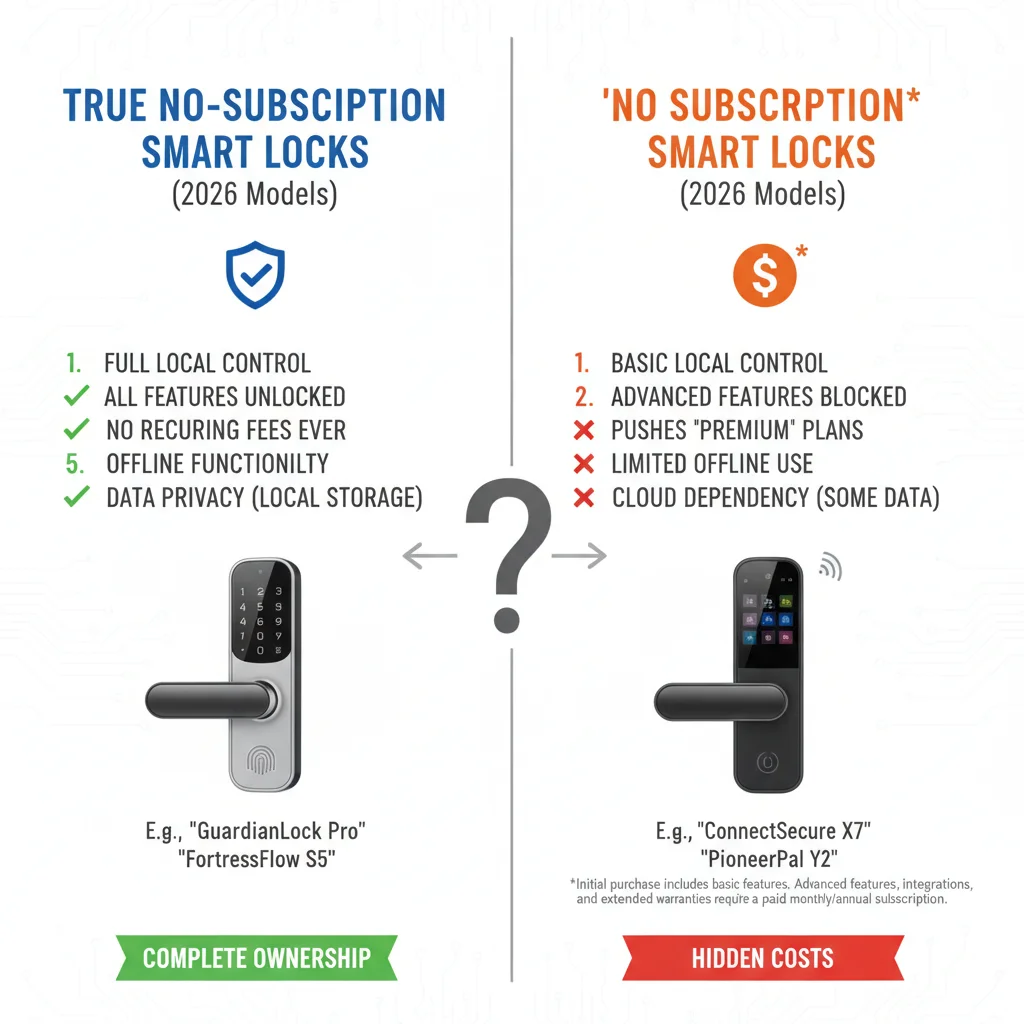 Diagram comparing true no-subscription smart locks versus 'no subscription' options that still push paid plans on 2026 models
