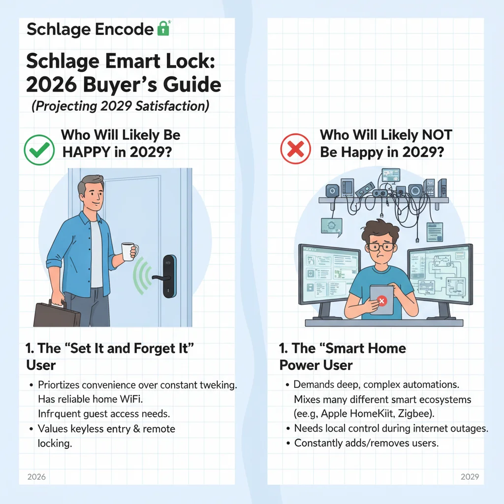 Decision guide for 2026 buyers considering the Schlage Encode based on 3-year real-world data, showing who will likely be happy in 2029 and who will not