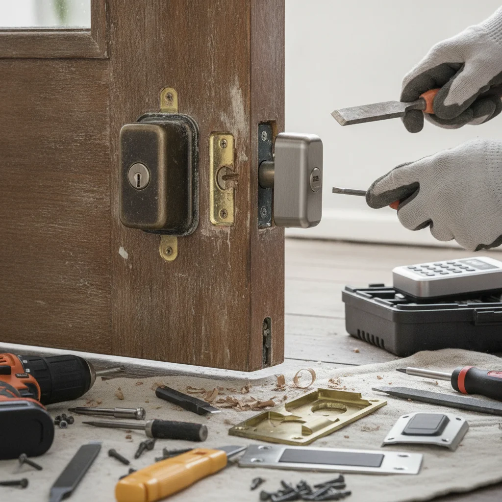 Photo documentation of real smart lock installations showing common problems: non-standard deadbolts, worn strike plates, difficult-to-access doors, and the tools and parts that were actually needed