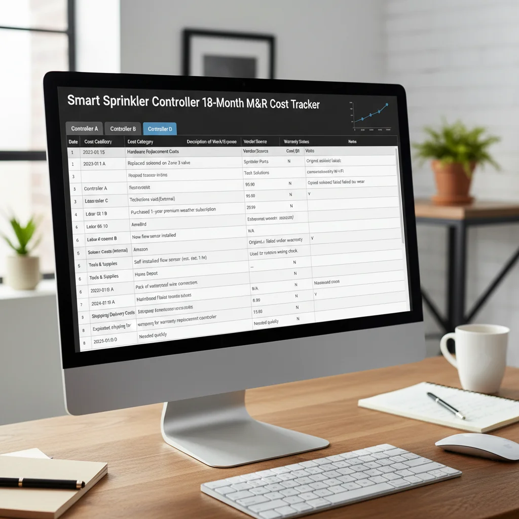 18-month maintenance and repair cost tracking methodology for four smart sprinkler controllers showing categories of costs recorded