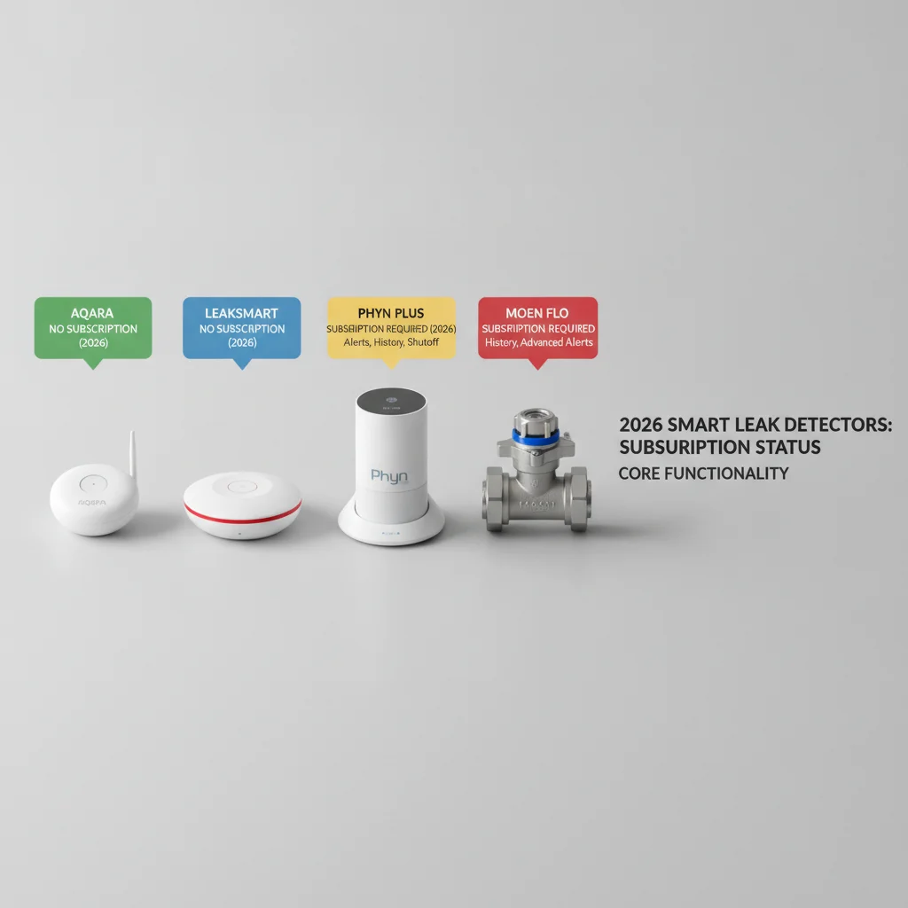 Feature comparison chart showing which smart leak detector platforms (Moen Flo, Phyn Plus, LeakSmart, Aqara) require a subscription for core functionality like alerts, history, and remote shutoff in 2026