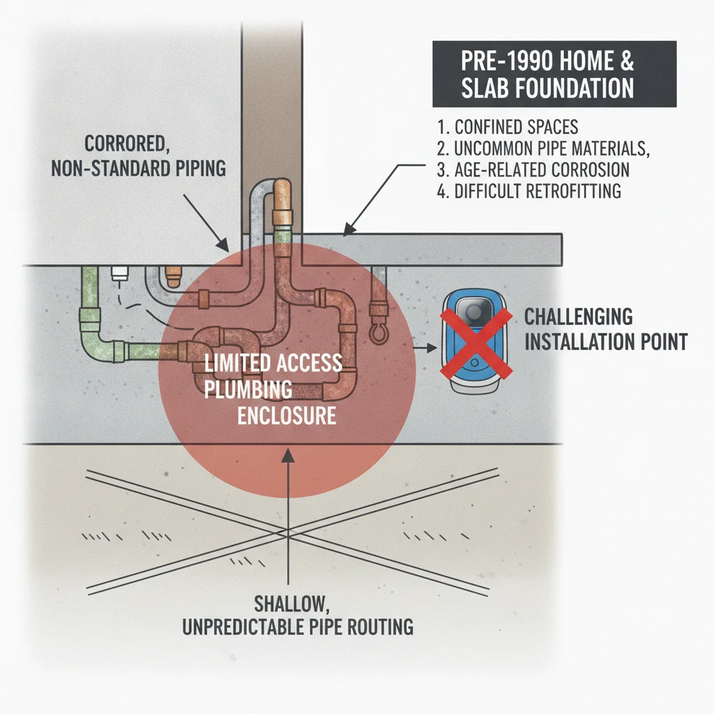 Diagram showing typical smart water shutoff valve installation challenges on pre-1990 homes and slab foundations with limited access and non-standard plumbing