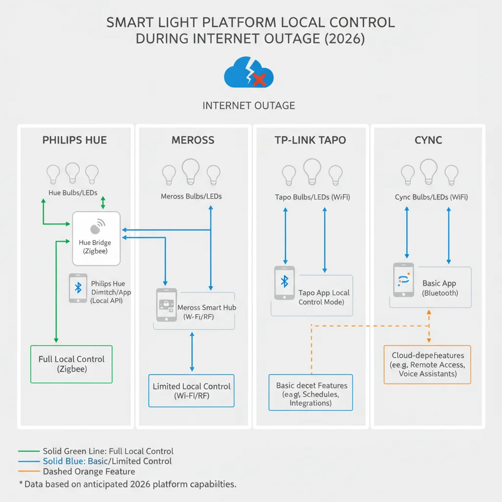 Schéma des capacités de contrôle local des plateformes d'éclairage intelligent Philips Hue, Meross, TP-Link Tapo et Cync pendant les pannes internet en 2026