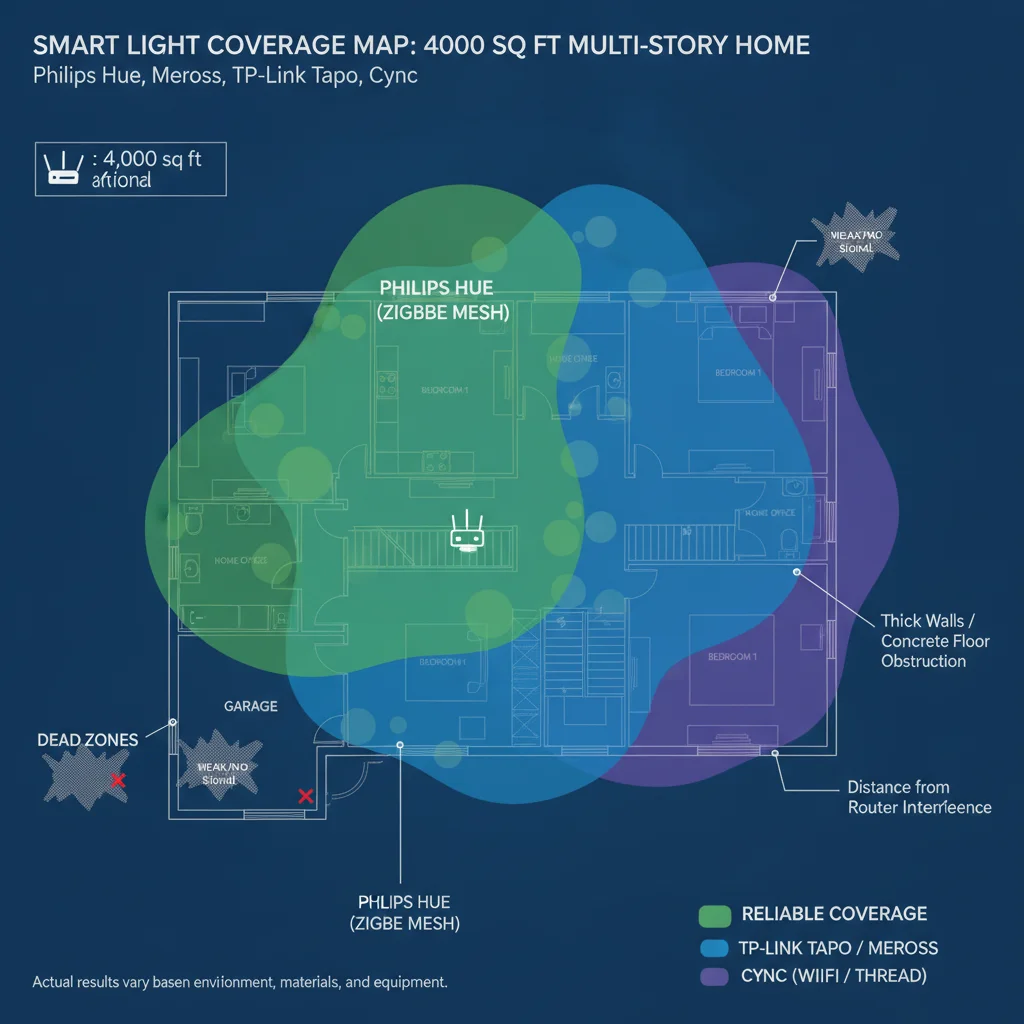 Diagram showing smart light coverage in a 4,000 sq ft multi-story house with dead zones and reliable coverage areas for Philips Hue, Meross, TP-Link Tapo, and Cync