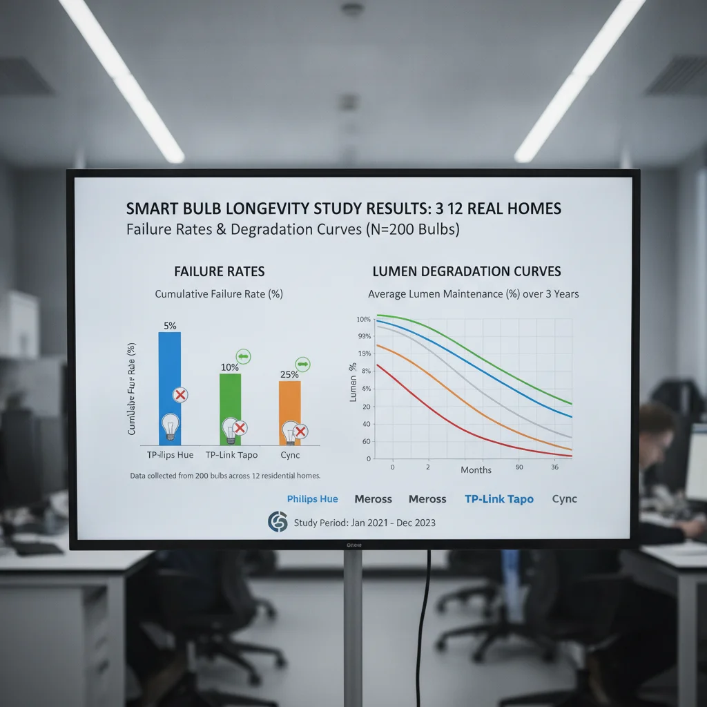 3-year smart bulb longevity study results showing failure rates and degradation curves for Philips Hue, Meross, TP-Link Tapo, and Cync across 200 bulbs in 12 real homes
