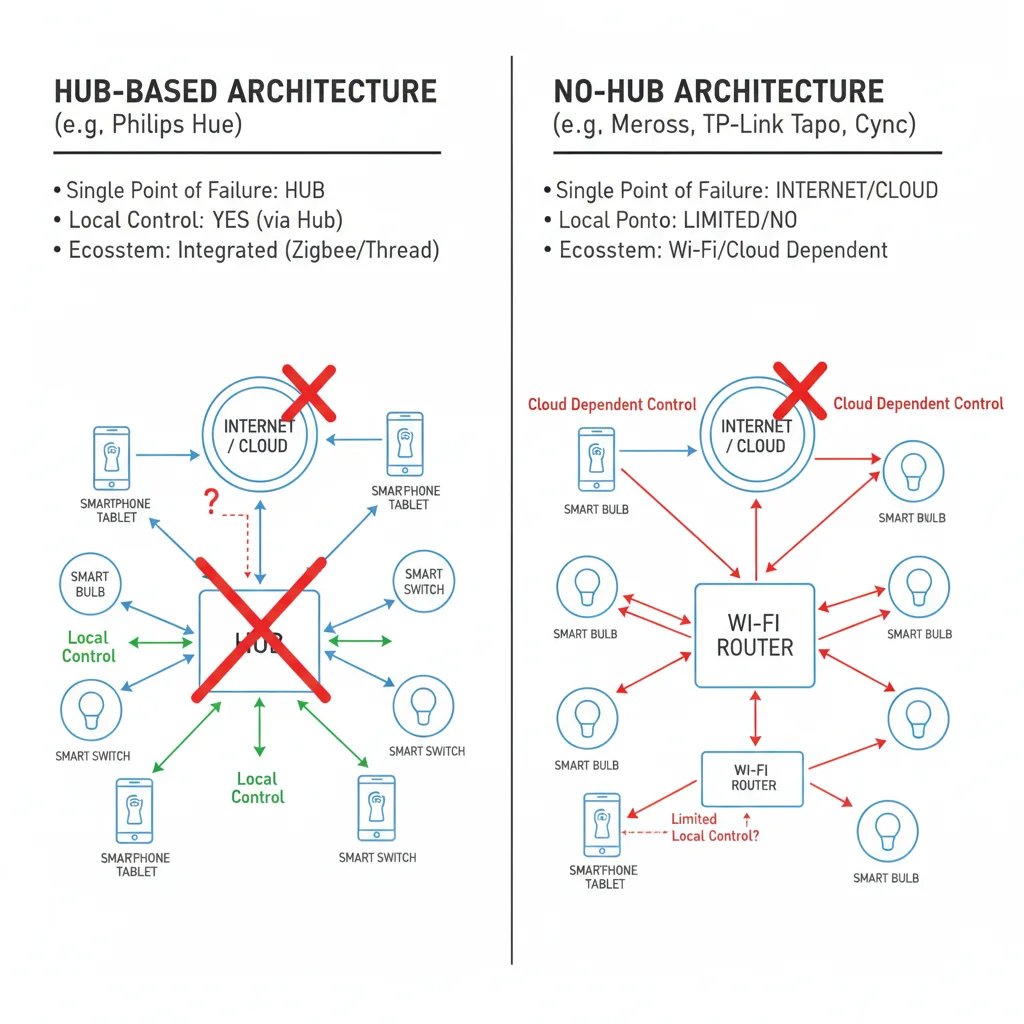 Diagramm zum Vergleich von Hub-basierten (Philips Hue) und Hub-freien (Meross, TP-Link Tapo, Cync) Smart-Light-Architekturen, das Single Point of Failure, lokale Steuerungsmöglichkeiten und Auswirkungen auf das Ökosystem zeigt