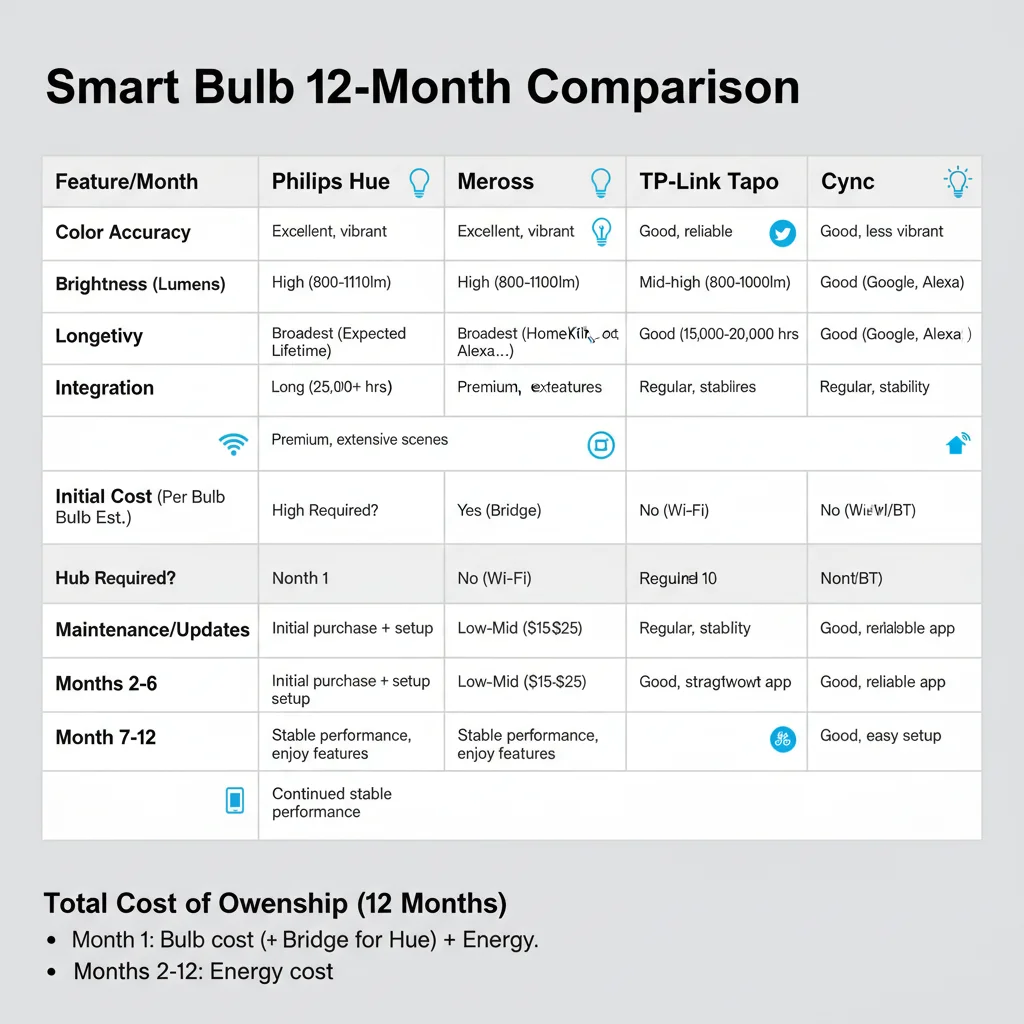 Tableau comparatif détaillé sur 12 mois des ampoules connectées Philips Hue, Meross, TP-Link Tapo et Cync sur la précision des couleurs, la luminosité, l'intégration, la durabilité et le coût total de possession