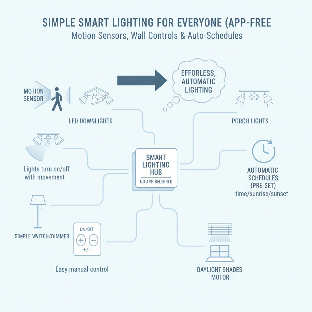 Diagramm einer Smart-Lighting-Installation für nicht-technische Haushalte mit Bewegungssensoren, einfachen Wandsteuerungen und automatischen Zeitplänen ohne App