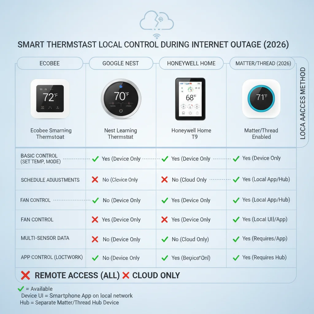 Diagram showing smart thermostat local control capabilities during internet outages for Ecobee, Nest, Honeywell, and newer Matter/Thread options in 2026