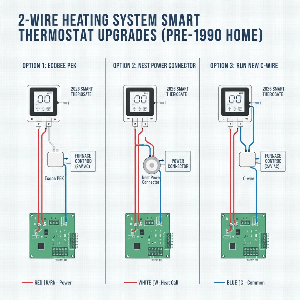Diagrama de instalaciones típicas de termostato de 2 y 3 hilos en casas anteriores a 1990 y cómo cada solución de alimentación 2026 (PEK Ecobee, conector Nest, nuevo cable C) se conecta a la placa de la caldera