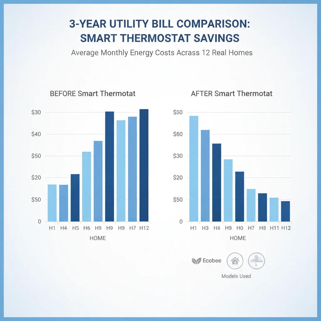 3-year utility bill comparison chart showing average monthly energy costs before and after smart thermostat installation across 12 real homes with Ecobee, Nest, and Honeywell models