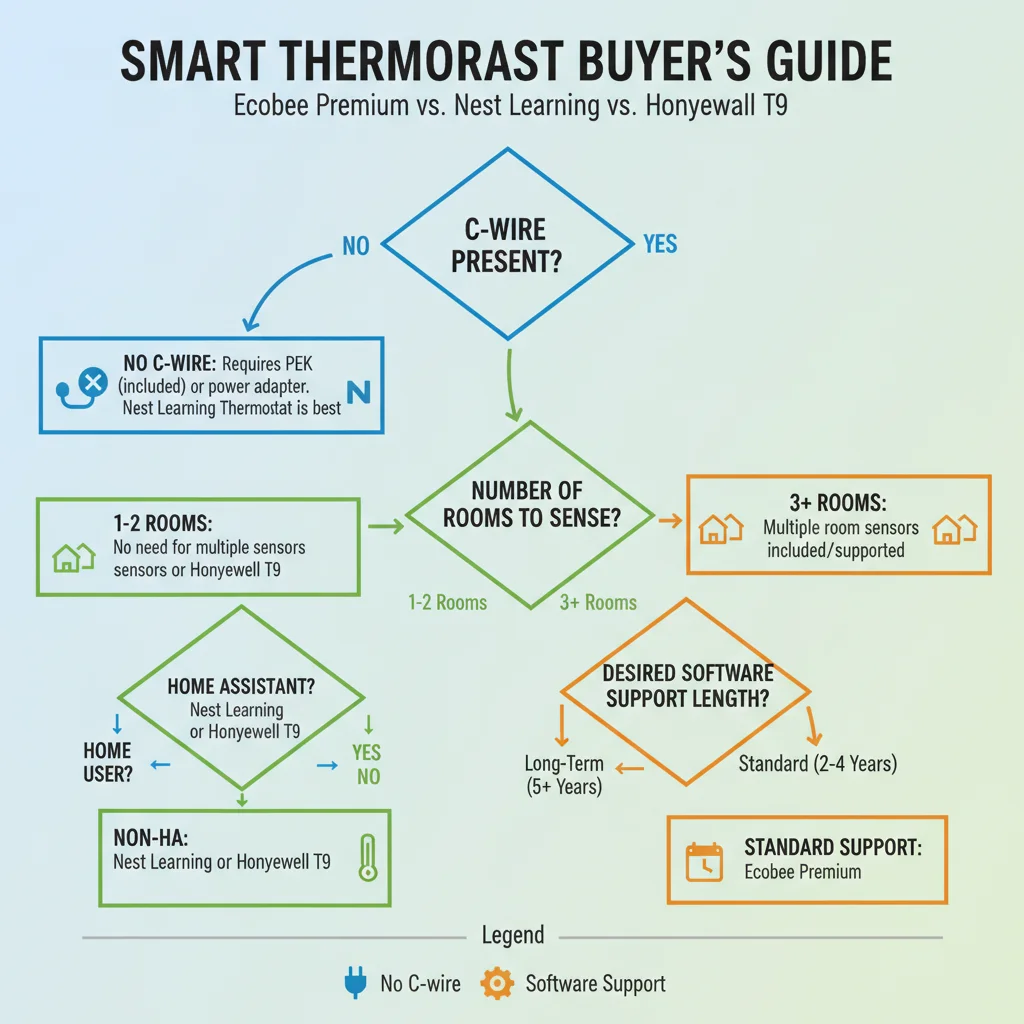 Infografía guía de decisión para elegir entre Ecobee Premium, Nest Learning Thermostat y Honeywell T9 según cable C, número de habitaciones, uso de Home Assistant y duración del soporte de software deseado
