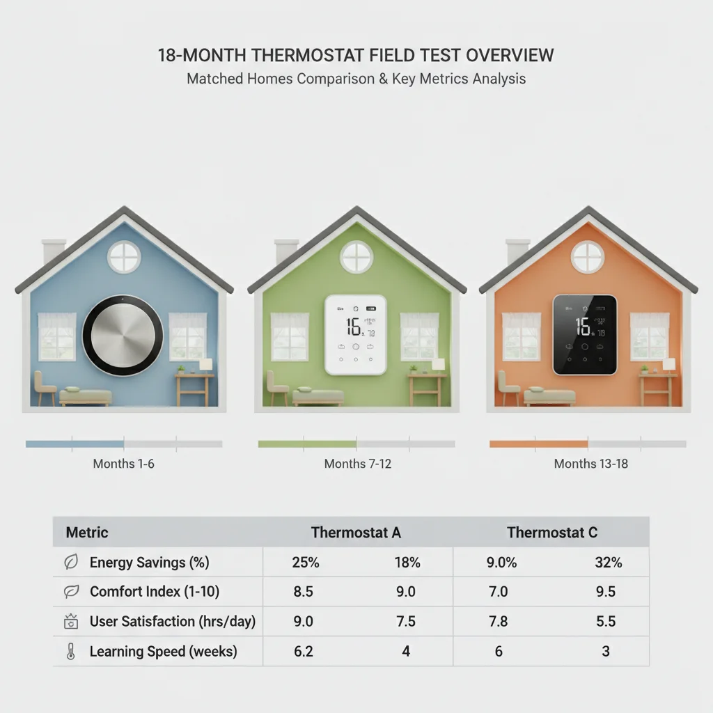 Resumen de pruebas comparativas de 18 meses mostrando los tres termostatos instalados en hogares comparables y las métricas clave seguidas para el veredicto final