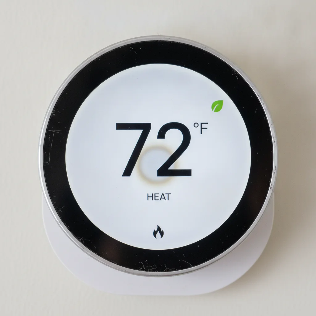Photo documentation of Google Nest Learning Thermostat after 4 years showing display condition, power connector installation at furnace, and any visible wear or degradation