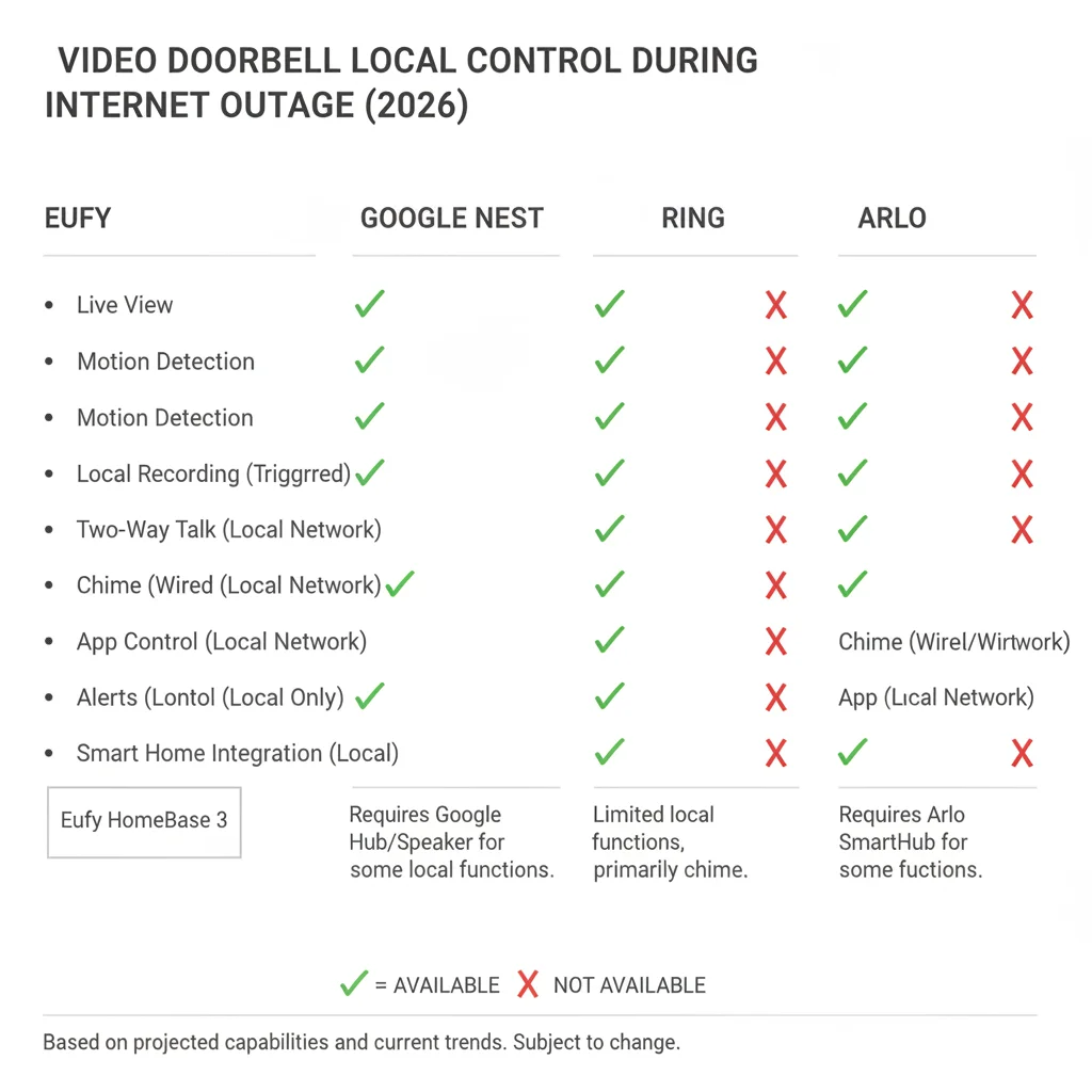 Diagram showing video doorbell local control capabilities during internet outages for Eufy, Google Nest, Ring, and Arlo in 2026
