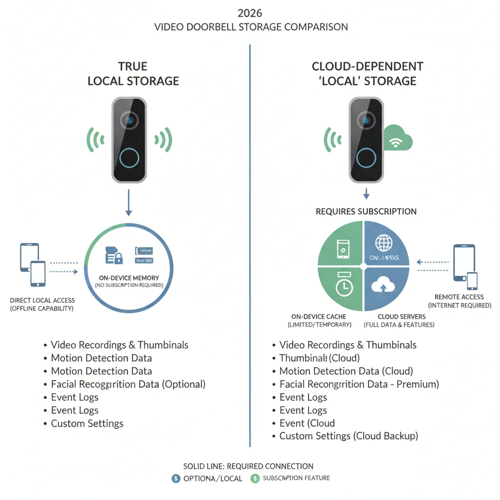 Diagrama comparando almacenamiento local real versus opciones « locales » dependientes de la nube en timbres de video 2026