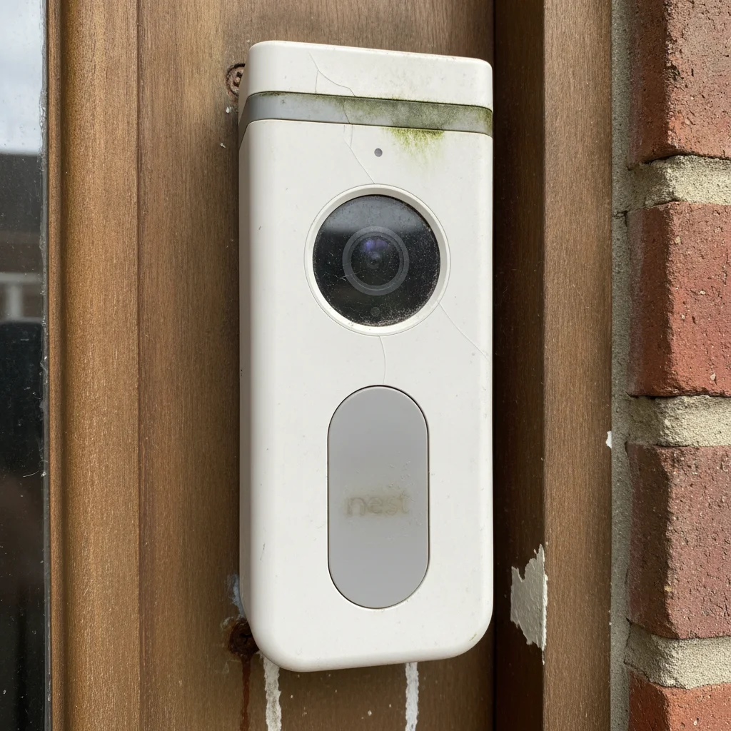 Photo documentation of Google Nest Doorbell after 3 years showing camera lens condition, button wear, and any visible degradation or weather damage